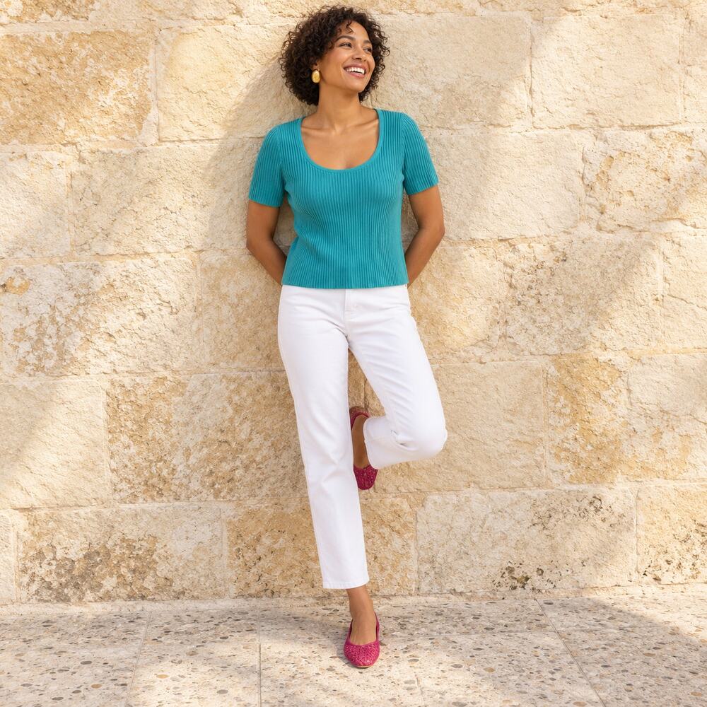 Madewell Top WMNS S Teal Sculpt Ottoman Rib Knit Short Sleeve Modern Classic